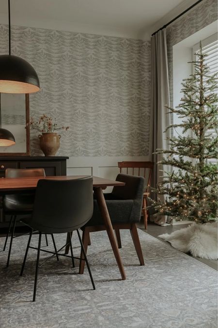Christmas tree, Black Pendant light, gray curtains, wallpaper, west elm, poly and bark, dining room decor, holiday decor 

#LTKHoliday #LTKhome