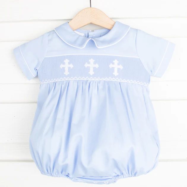 White Cross Smocked Boy Bubble Light Blue Pique | Classic Whimsy