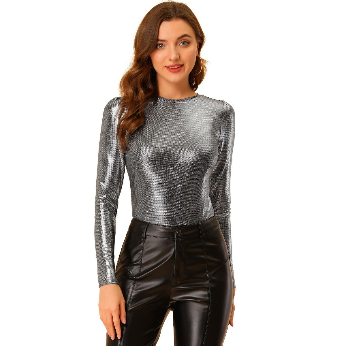 INSPIRE CHIC Women's Metallic Round Neck Long Sleeve Sparkly Disco Party Shiny Top | Target