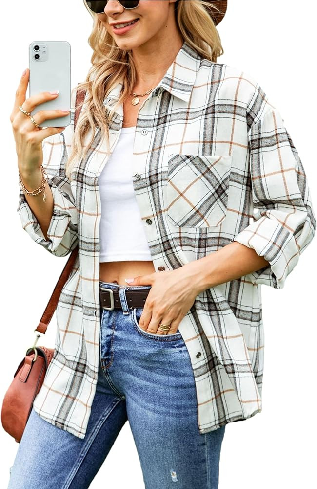 Womens Oversized Flannel Plaid Shirts Casual Button Down Blouse Tops with Pockets | Amazon (US)