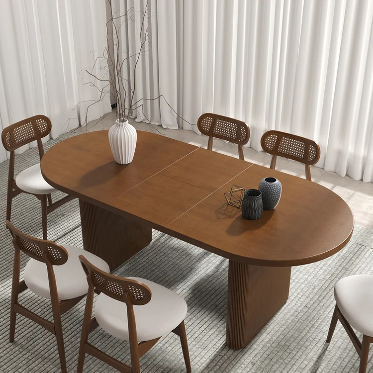63"-79" Japandi Style Oval Extendable Dining Table Walnut Seats 4-6 People | Homary
