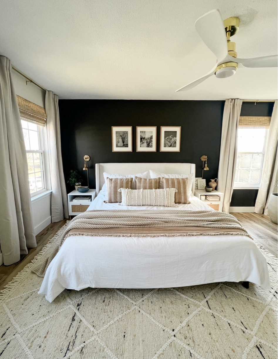 Some bedroom decor inspo for you! I love the contrast of the white bed against the dark wall and I used light browns to soften everything. 

#LTKFind #LTKhome