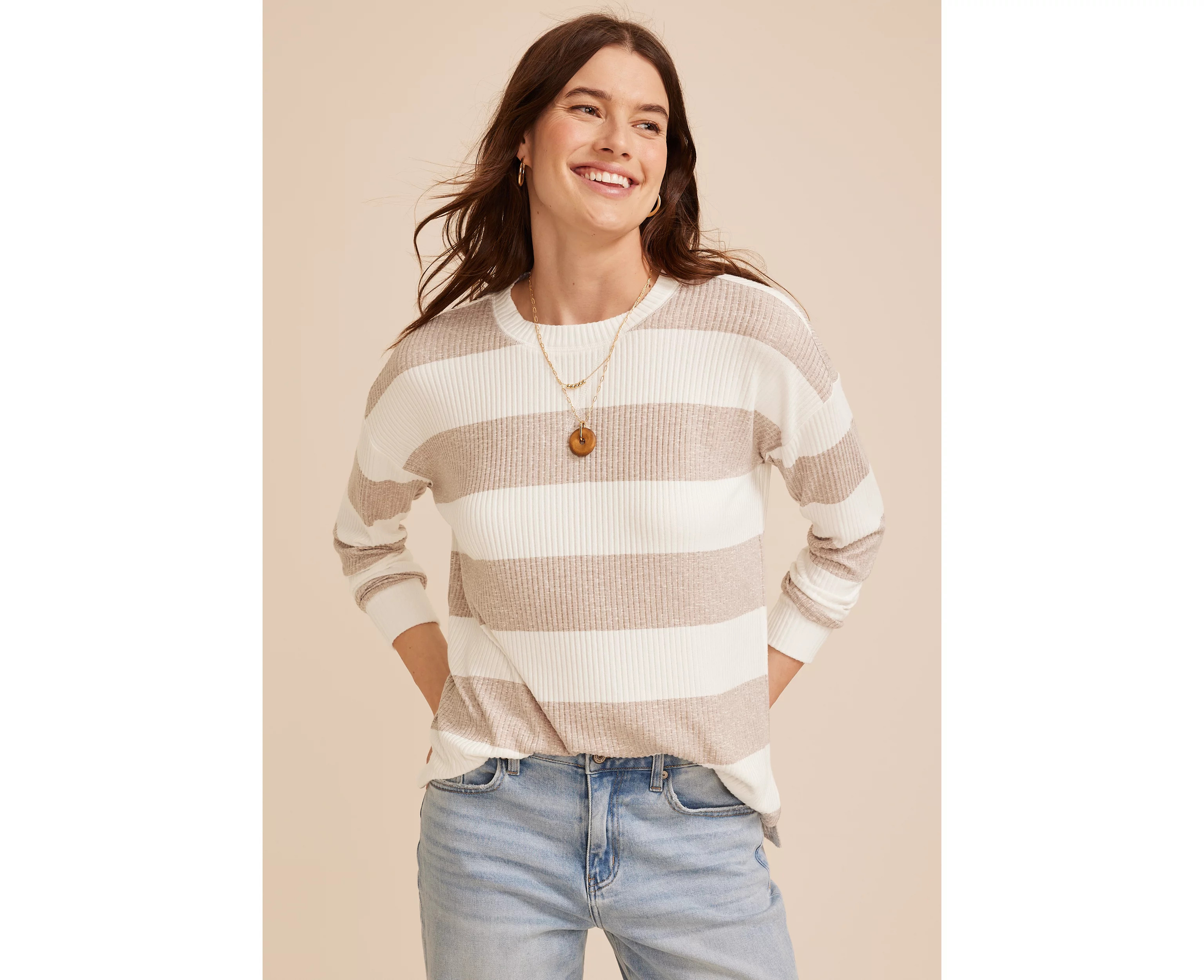 24/7 Cozy Rib Striped Long Sleeve Top | maurices | Maurices
