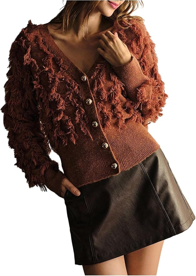 SweatyRocks Women's Fuzzy Cardigan Sweater V Neck Long Sleeve Button Down Furry Knit Sweaters | Amazon (US)
