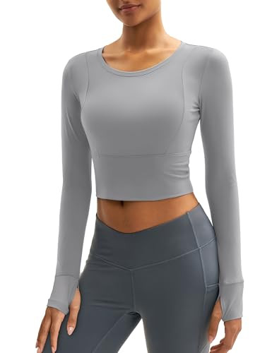 MAGCOMSEN Womens Crop Tops Workout Long Sleeve Going Out Tops Slim Fit Active Yoga Exercise Tight Shirt Light Grey XL | Amazon (US)
