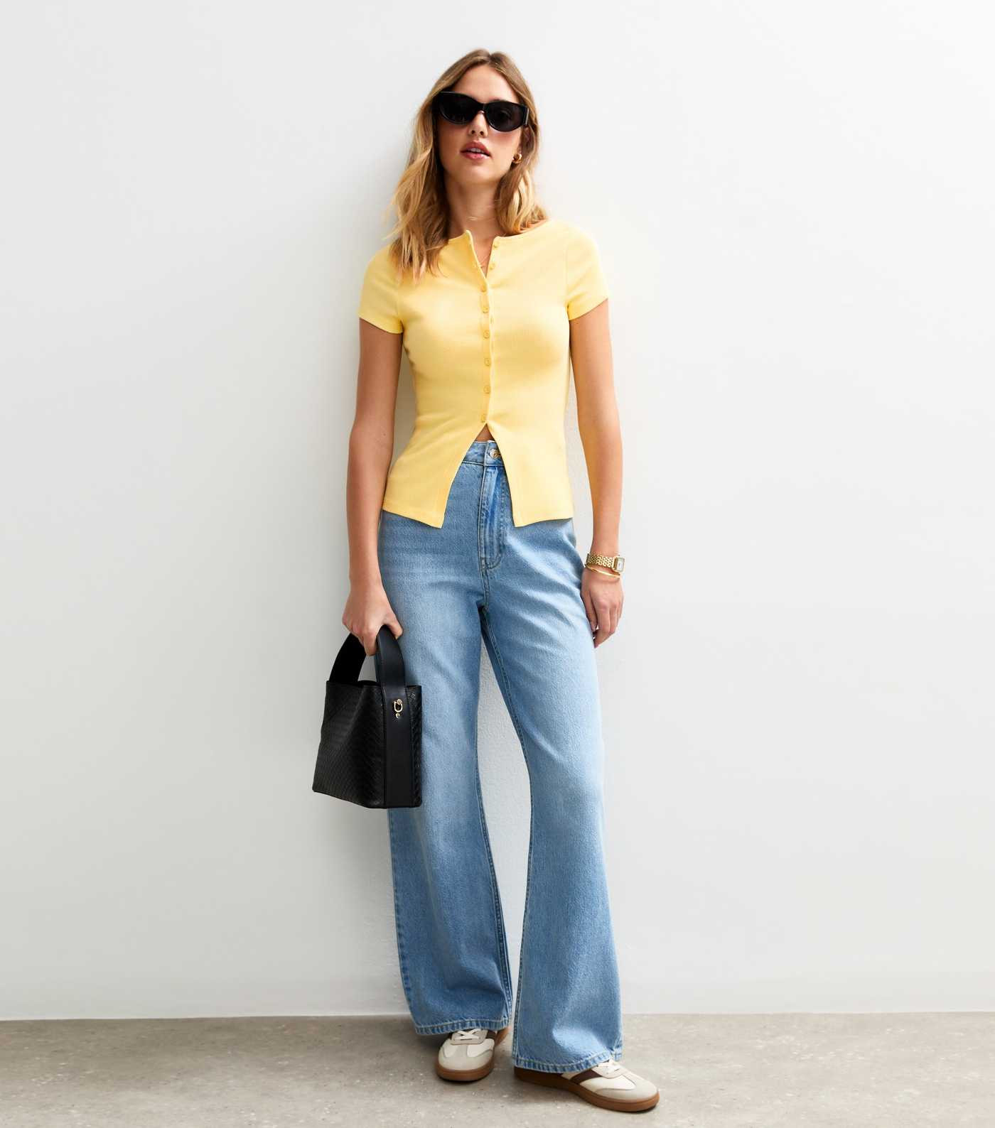 Yellow Ribbed Button Up Baby Tee | New Look | New Look (UK)