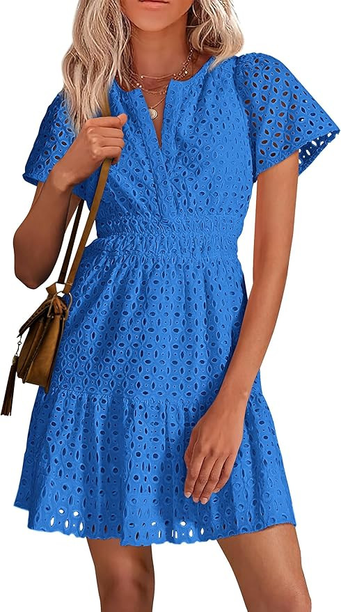 PRETTYGARDEN 2025 Women Summer Short Dress V Neck Short Sleeve A Line Hollow Out Lace Ruffle Cute... | Amazon (US)