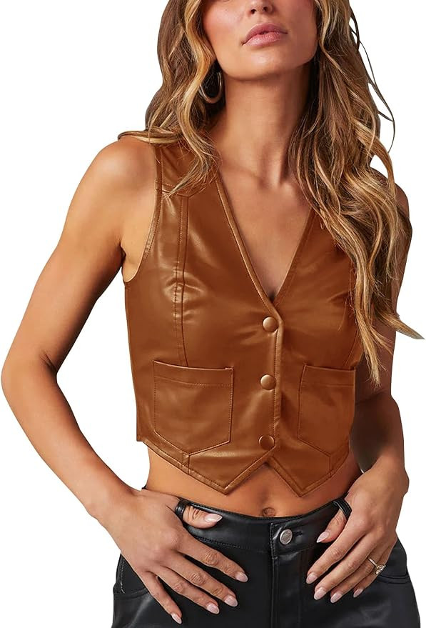 Fallorchid Women's Button Up Sleeveless Vest Crop Tops Sexy V Neck Faux Leather Jacket Waistcoat | Amazon (US)