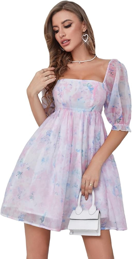 WDIRARA Women's Floral Print Square Neck Puff Sleeve High Rise Flare Organza Dress | Amazon (US)