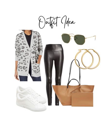 Fall outfit Inspo pick up drop off outfit mom style casual work spanx outfit long cardigan tote bag white sneakers 