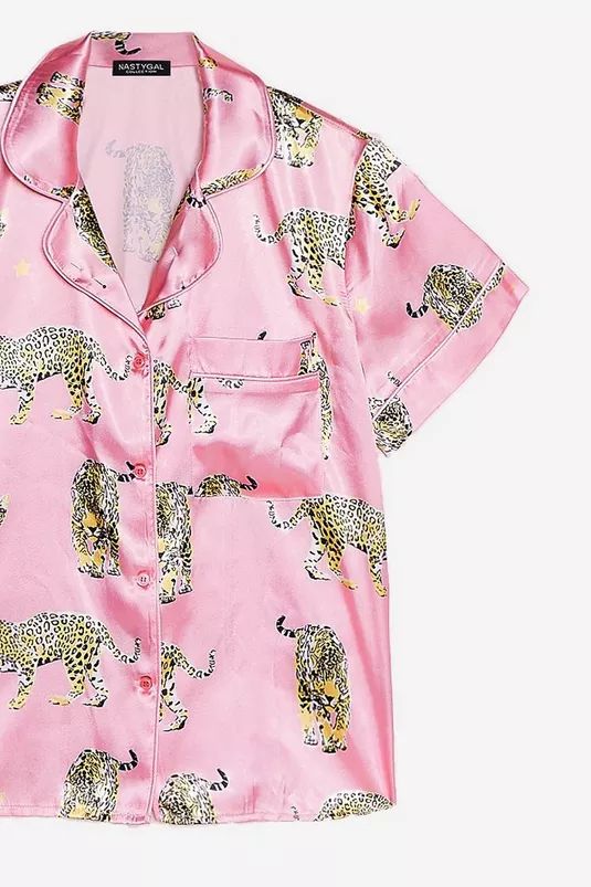 Cheetah Print Satin Pajama Shirt and Shorts Set | Nasty Gal (US)