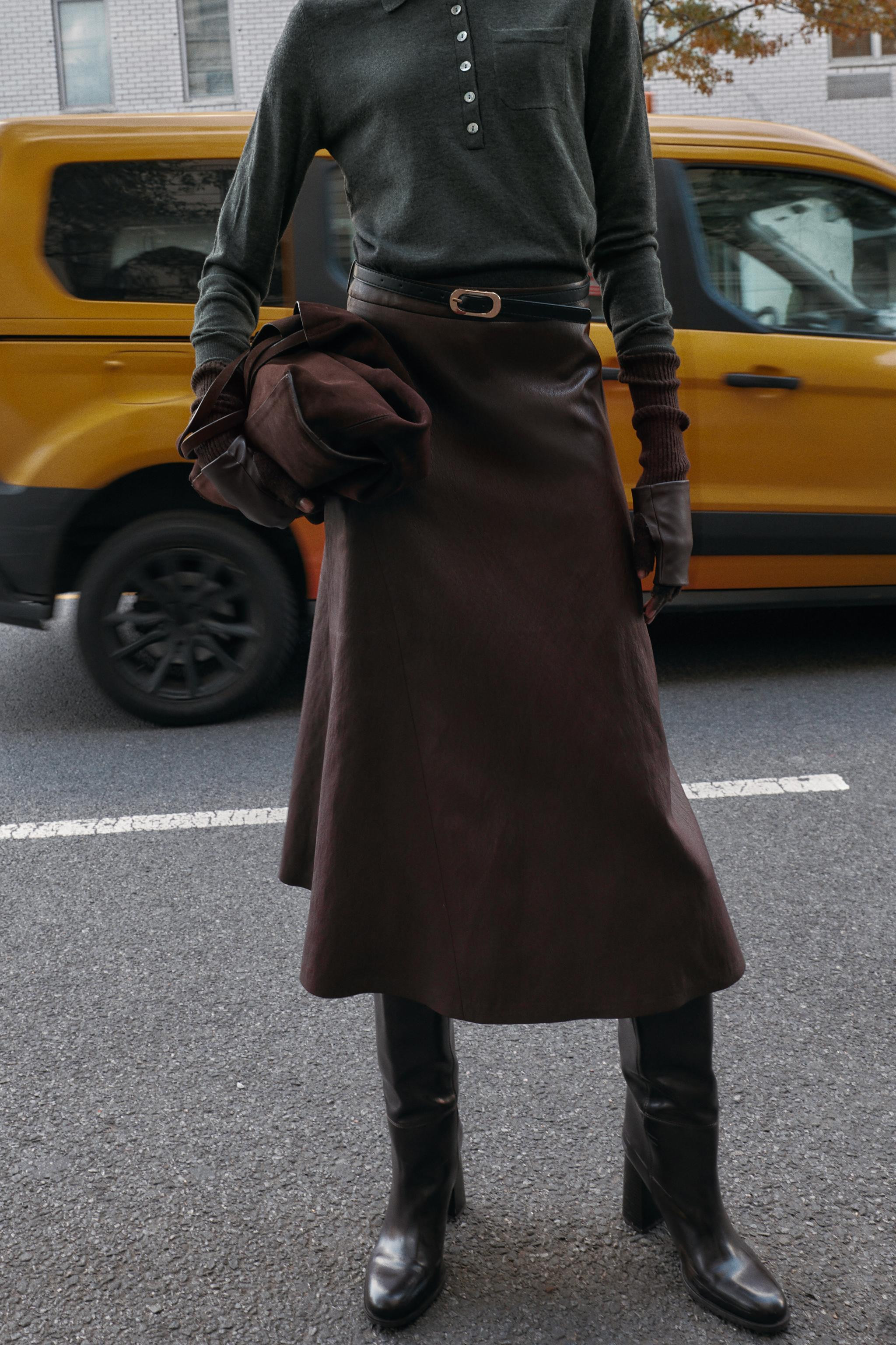 FAUX LEATHER BELTED MIDI SKIRT | Zara US