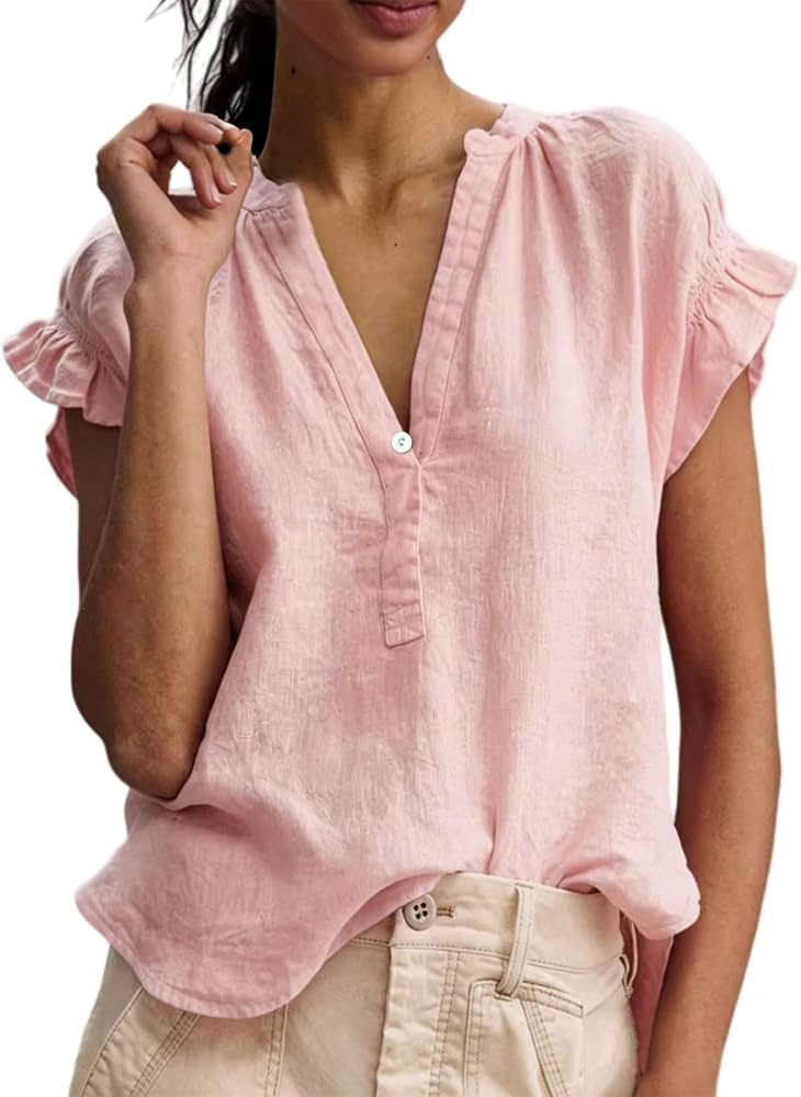 Womens Linen Tops V Neck Short Ruffle Sleeve Gauze Shirts 2026 Dressy Casual Cotton Blouses Summe... | Amazon (US)