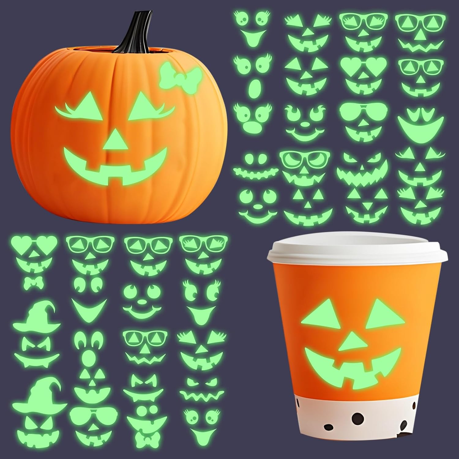 Halloween Glow in Dark Stickers Pumpkin Face Stickers Funny Face Glow in Dark Window Wall Decals Halloween Party Supplies Decals Luminous Pumpkin Sticker for Craft Ornament Glass Cup Bottle | Amazon (US)