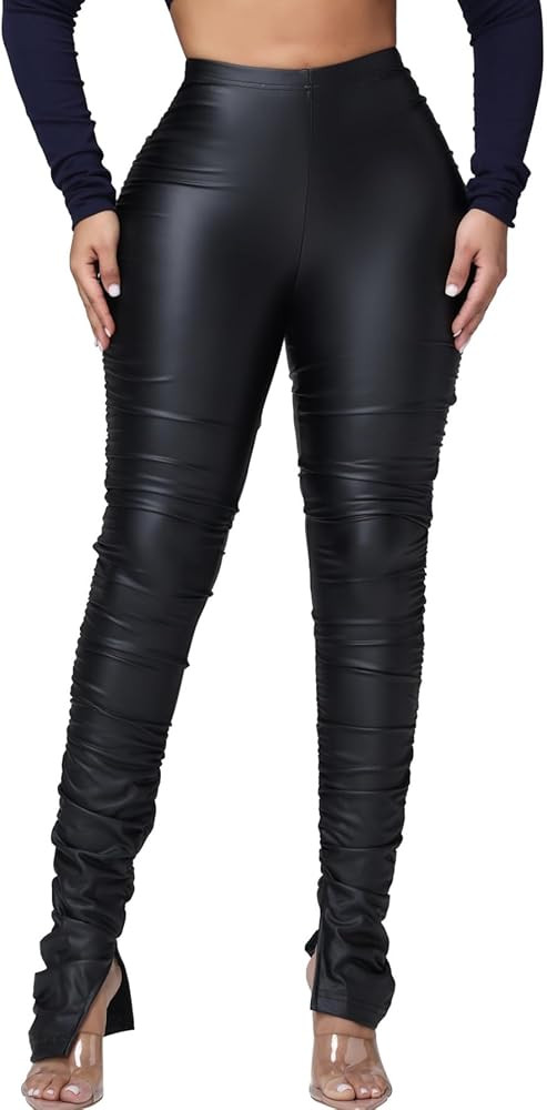 Women's Faux Leather Leggings Pants High Waisted Leather Tight Stacked Pants with Splits | Amazon (US)