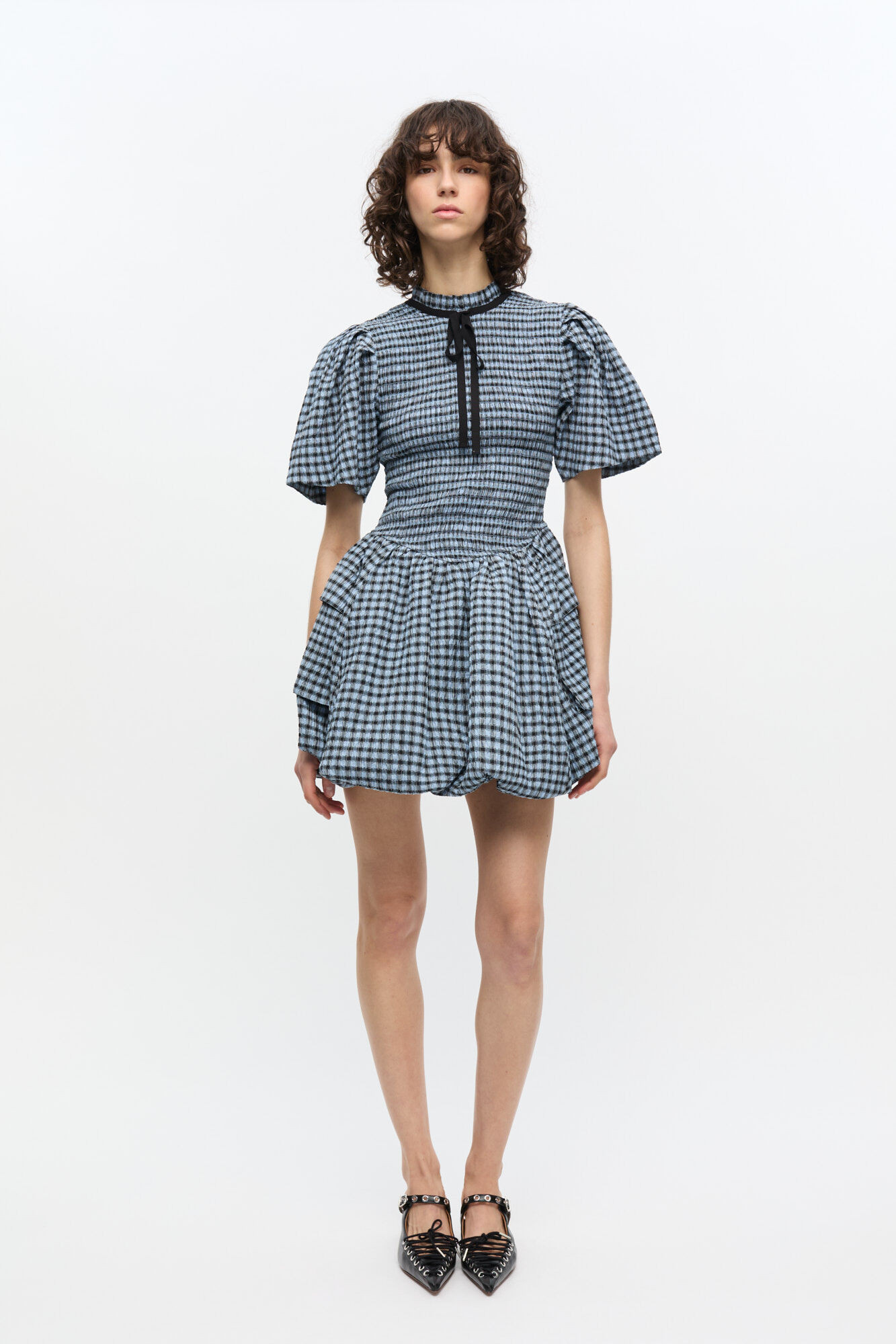 Blue Seersucker Check Mini Smock Dress | Ganni