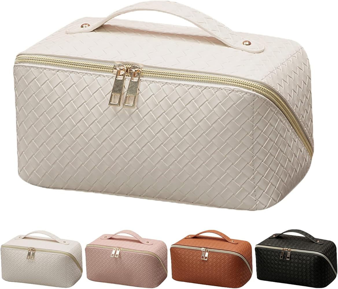Travel Makeup Bag Large Checkered Capacity Cosmetic Bag with Compartment Waterproof PU Leather Po... | Amazon (US)