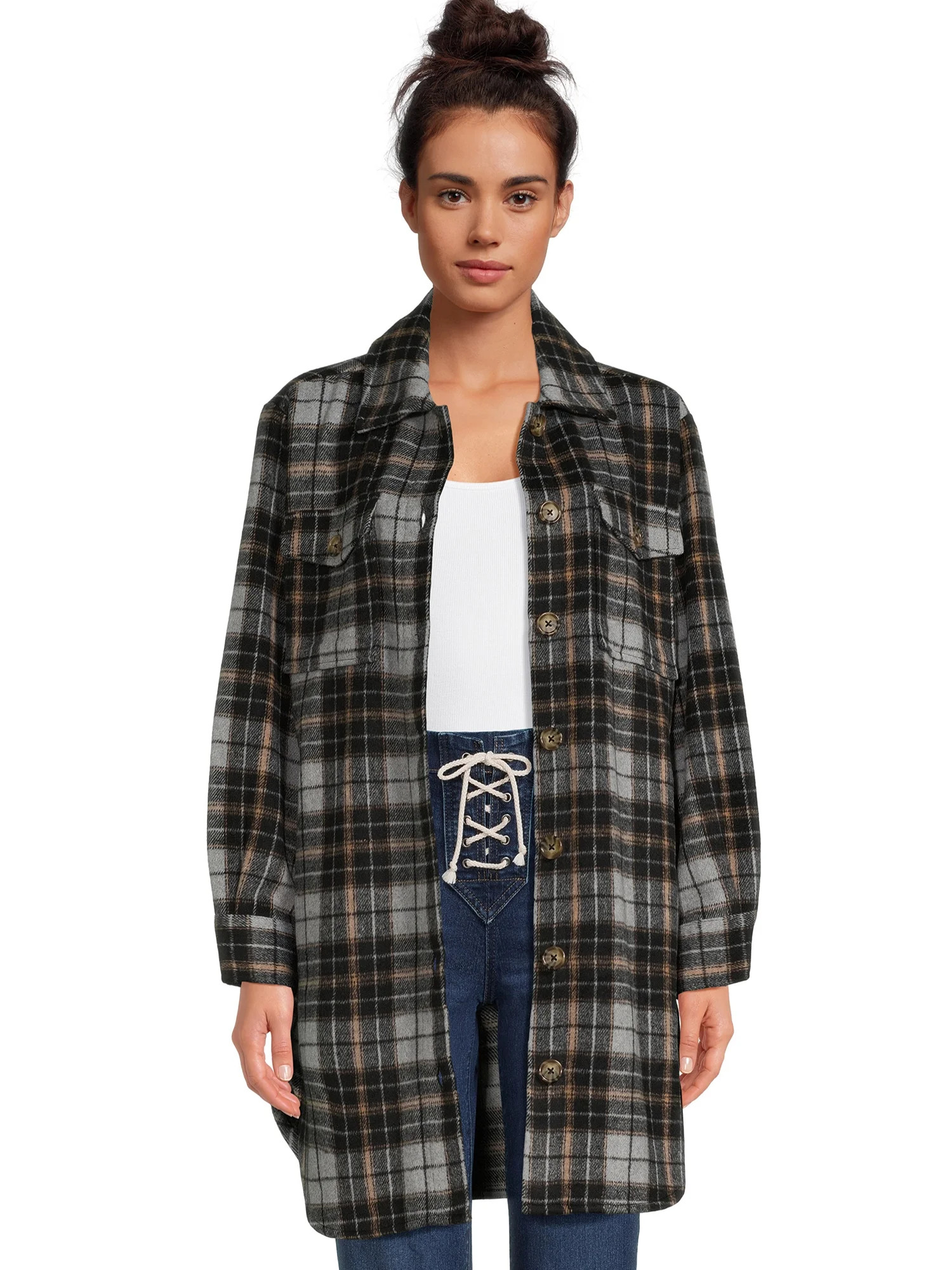 Time and Tru Women's Long Line Plaid Shacket, Sizes XS -XXXL | Walmart (US)