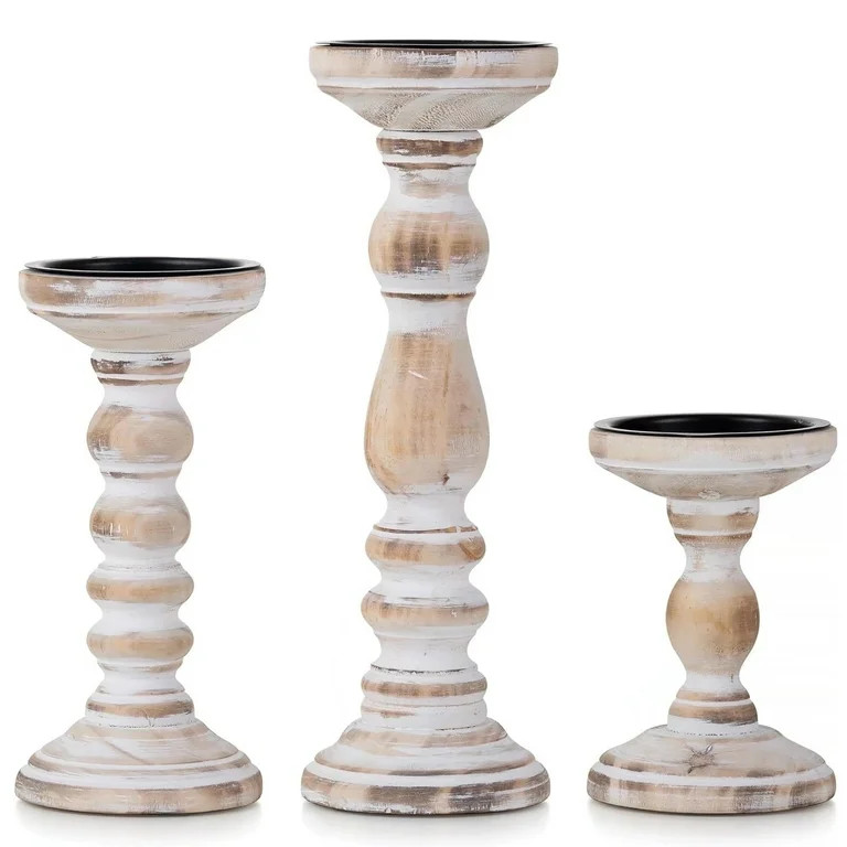 Nuptio Farmhouse Wood Candle Holders for Pillar Candles， Rustic Wooden White Candles Holder Set... | Walmart (US)