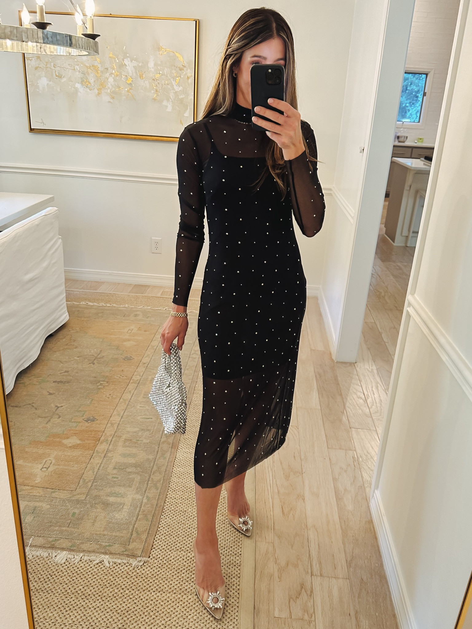 Target rhinestone Studded sheer overlay dress great for a holiday party! Love this pretty silver bag also from target and these shoes are an Amazon find but linking a target one that would work with this dress as well. Runs tts. Wearing size xs. Holiday dress. Holiday party dress 

#LTKHoliday #LTKfindsunder50 #LTKstyletip