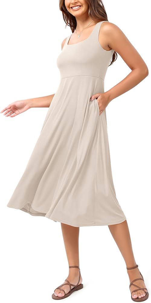 ODODOS Square Neck Midi Dress with Pockets for Women Summer Casual Sleeveless Sundress Flare Tank... | Amazon (US)