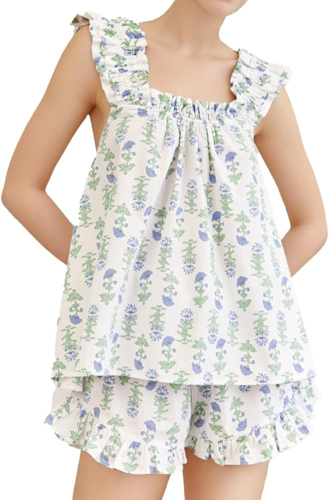 Womens Ruffle Pajama Sets Summer 2 Piece Outfits Top and Shorts Cotton Loungewear Set | Amazon (US)