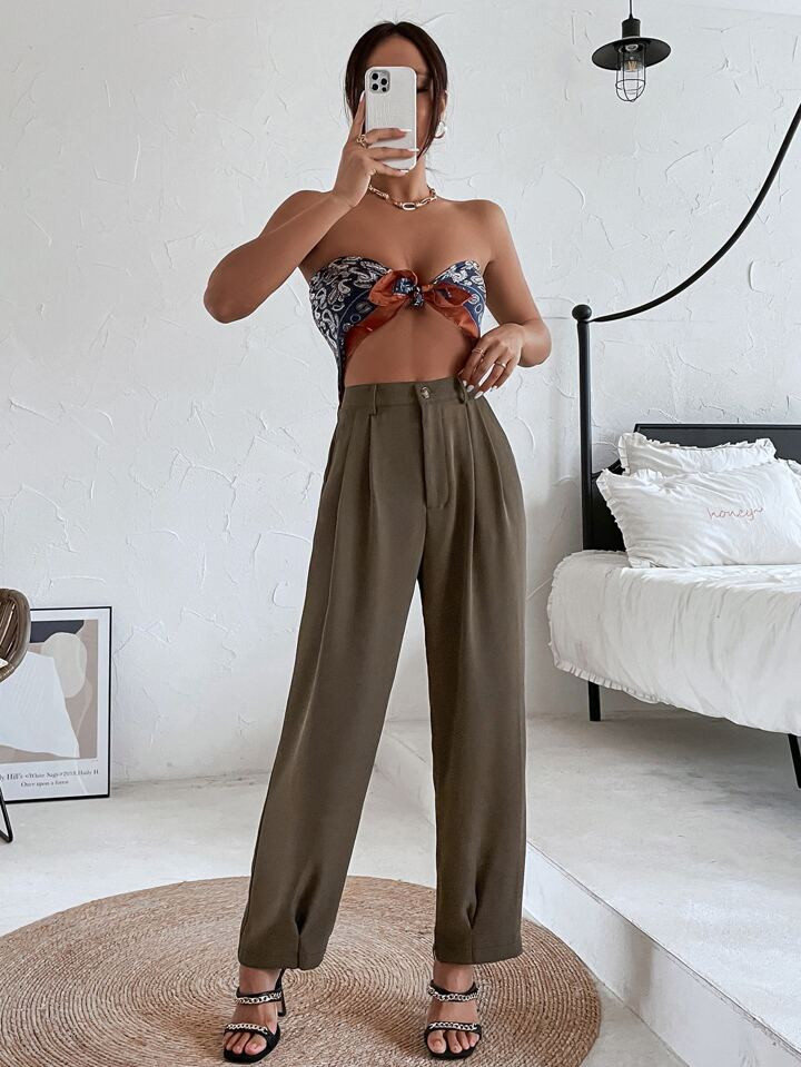 SHEIN Privé Fold Pleated Slant Pocket Pants | SHEIN