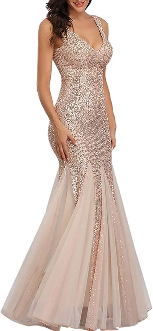 Womens Party Dress Sequins Tulle Sexy V-Neck Long Dress Sleeveless Formal Evening Prom Gowns | Amazon (US)