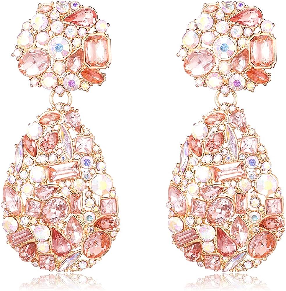 Crystals Teardrop Dangle Statement Earrings, Rhinestone Chandelier Fashion Earrings for Women KEL... | Amazon (US)