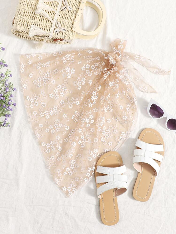 Knot Side Ditsy Floral Sheer Mesh Cover Up Skirt | SHEIN