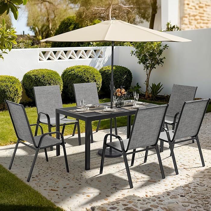 Pamapic Outdoor Dining Sets for 6, Rectangular Steel Slat Table with 6 Textilene Chairs, 7 Piece Patio Table and Chairs Set with Umbrella Hole for Patio, Garden, Backyard and Poolside (Grey) | Amazon (US)