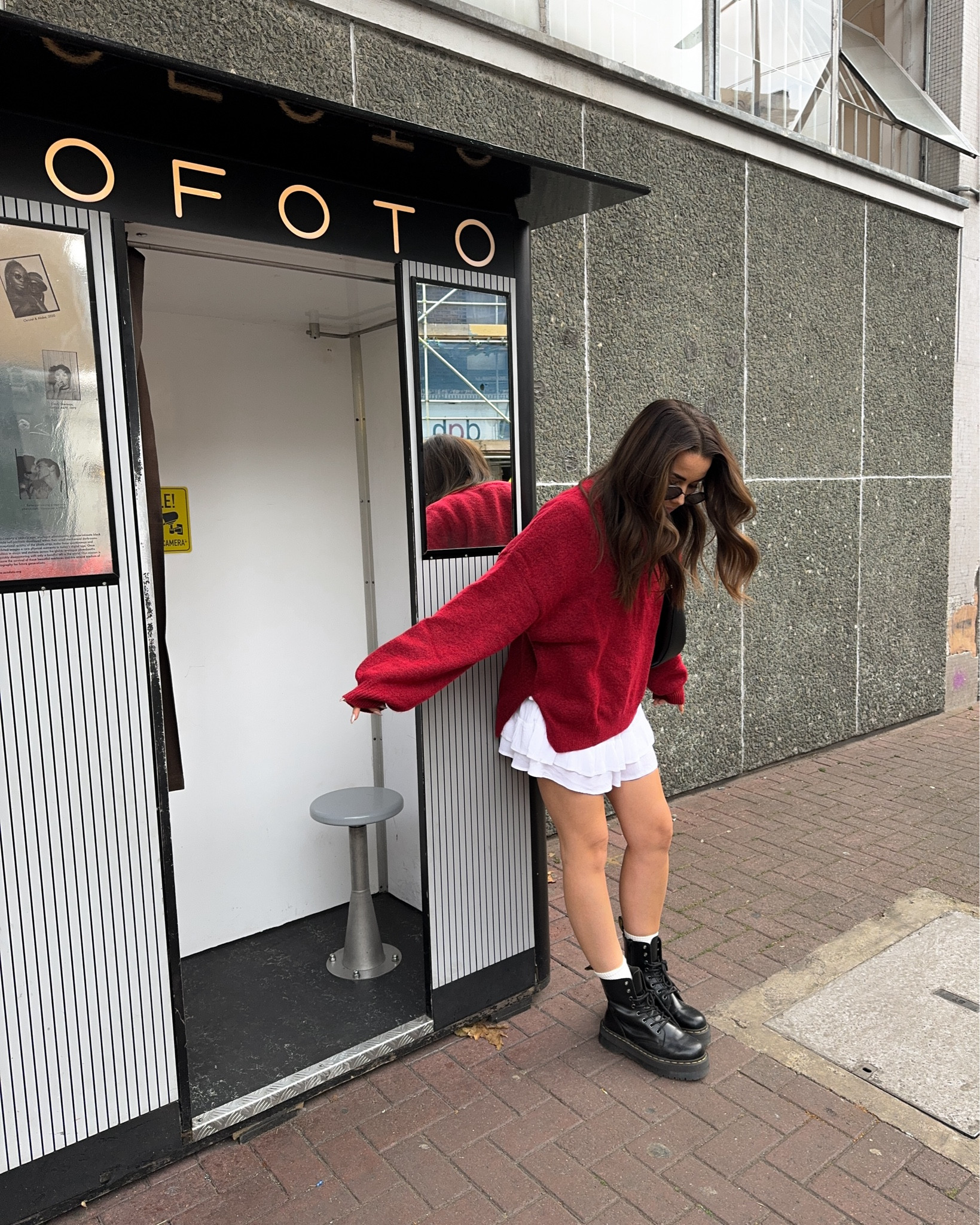 Oversized dark red burgundy jumper styled with white tiered mini skirt and dr marten jadon boots for a classic but girly autumn outfit 🫶🏼🍂 

#LTKstyletip #LTKautumn #LTKuk