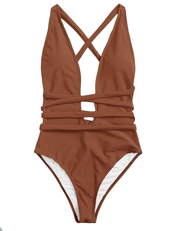 SweatyRocks Women's Sexy Basic Criss Cross Tie Knot Front Deep V Open Back One Piece Swimwear | Amazon (US)