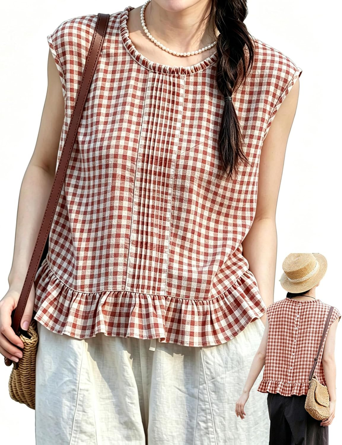 Women Cotton Plaid Sleeveless Shirt Lace Collar Ruffled Hem Back Button Details for a Casual Summer Top | Amazon (US)