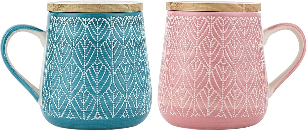 Taimei Teatime Coffee Mug with Lid, Set of 2, 16.5-oz Ceramic Coffee Mug with Handpainted Tree-Le... | Amazon (US)