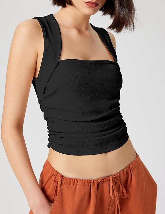 Burtell Women Casual Square Neck Ribbed Knit Crop Tank Top Slim Fit Sleeveless Side Ruched Crop T... | Amazon (US)