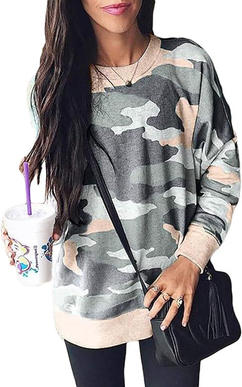 Womens Casual Camo Print Long Sleeve Shirts Loose Fit Pullover Sweatshirt Tops | Amazon (US)