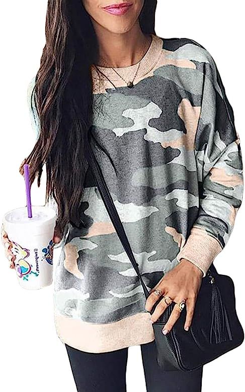 Womens Casual Camo Print Long Sleeve Shirts Loose Fit Pullover Sweatshirt Tops | Amazon (US)