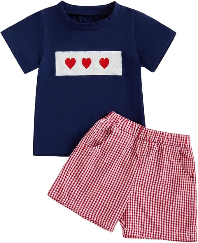 Karuedoo Toddler Baby Boy Valentine's Day Outfit Heart Embroidery Smocked Short Sleeve T-Shirt To... | Amazon (US)