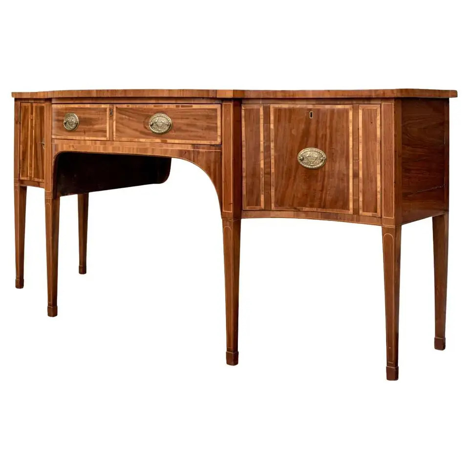 Antique Hepplewhite Style Satinwood Inlaid Mahogany Bow Front Sideboard | 1stDibs