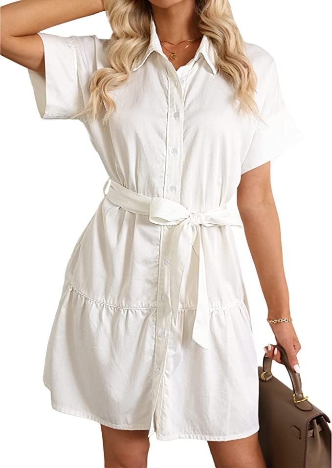 GRAPENT 2023 Denim Dress for Women Summer Button Down Belted Short Dresses Flowy Western Casual J... | Amazon (US)