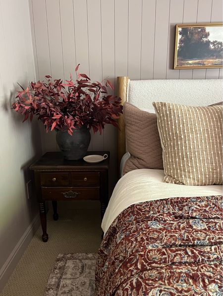 Guest bedroom 

Moody bedroom styling 

Guest room burgundy kantha quilt tan beige throw pillow cover striped floral block print vintage rug red stems dark found vase aged bronze round side table urn lamp brown bench throw blanket vintage landscape framed art studio mcgee Etsy amber Lewis loloi linen curtains white and black quilt stitching empire lamp shade ceramic dish cream candle 

#LTKhome #LTKsalealert #LTKFind