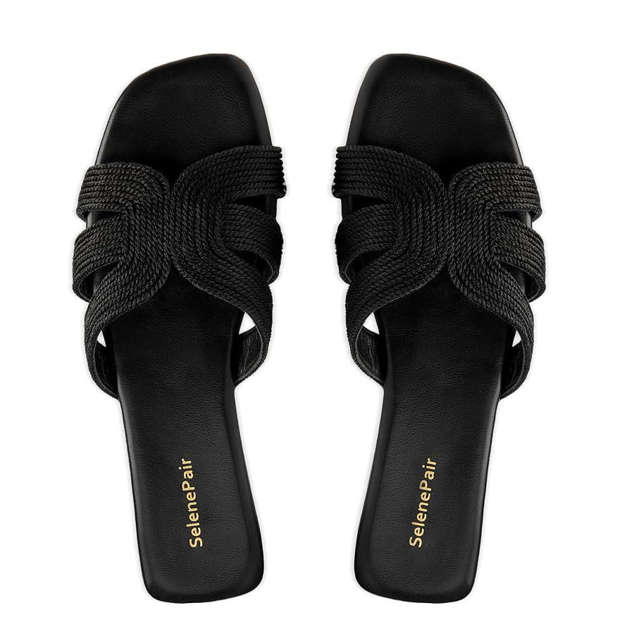 SelenePair Women's Fashion Flat Sandals Square Toe Slip On Dress Summer Slides | Amazon (US)
