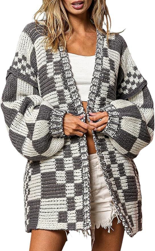 SELINK Women's Cardigan Sweater Vintage Open Front Mixed Checkered Pattern Chunky Knit Plaid Long... | Amazon (US)