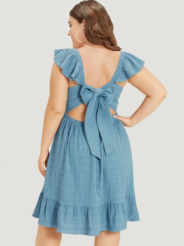 Plain Ruffles Pocket Bowknot Elastic Waist Sleeveless Dress | Bloomchic