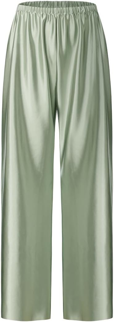 Women Satin Wide Leg Dress Pants Silk Casual Dressy Long Flowy Pants Elastic High Waisted Trousers | Amazon (US)