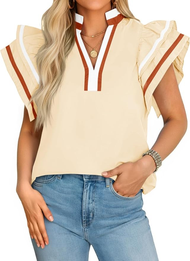 Cicy Bell Womens Ruffle Cap Sleeve Tops Color Block V Neck Dressy Casual Blouses Summer Pleated L... | Amazon (US)
