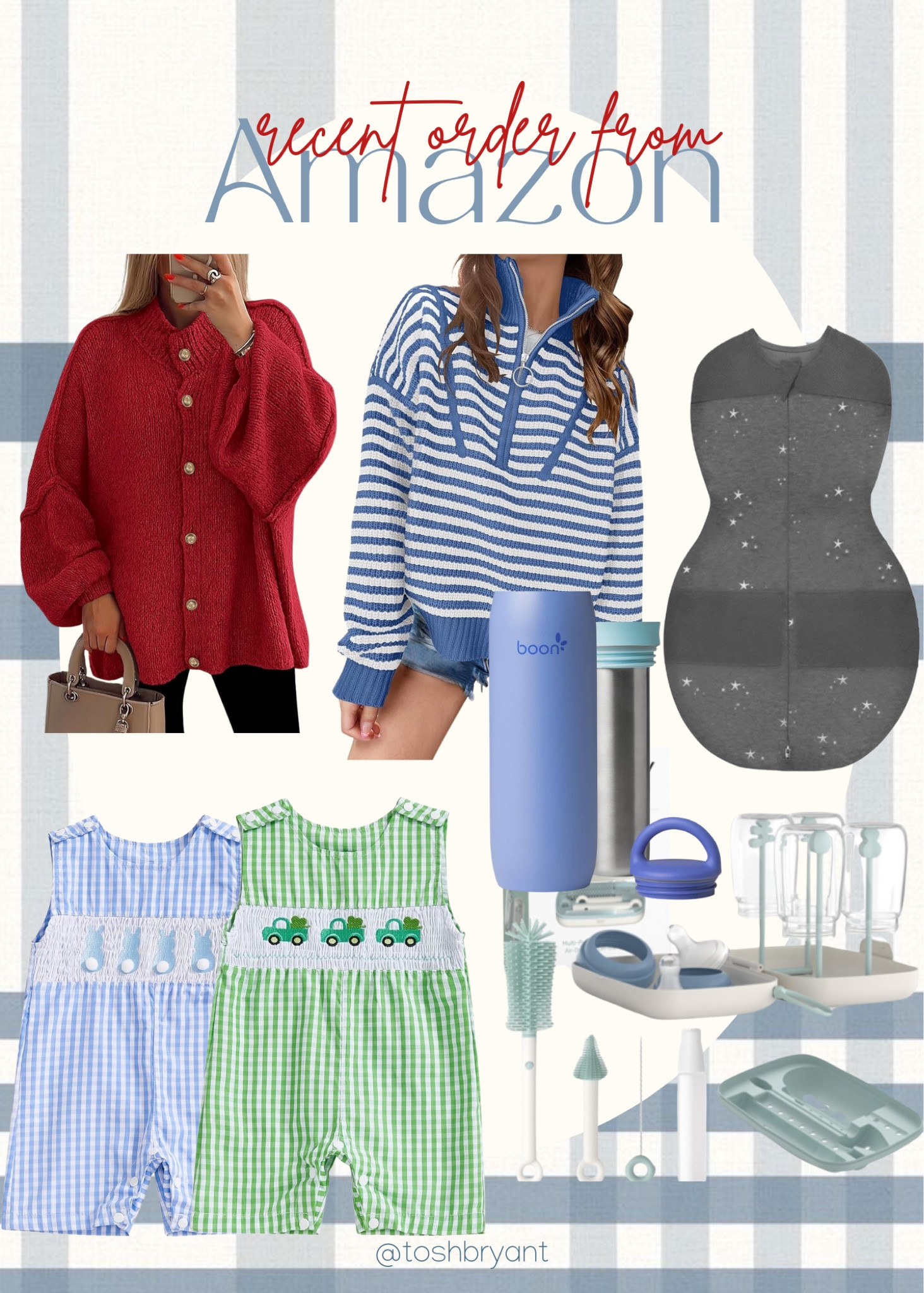 Recent amazon order. Cardigan, striped pullover, smocked easter & st pattys day romper, travel breast milk holder, traveling bottle cleaner, swaddle

#LTKFamily #LTKBaby #LTKFindsUnder50