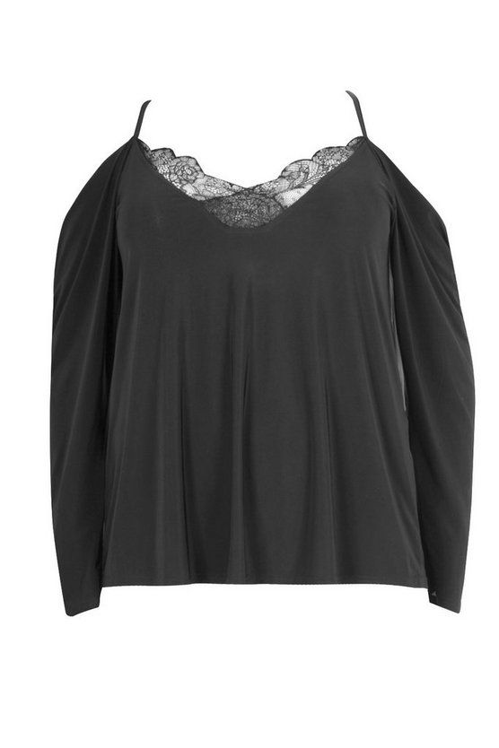 Plus Lace Trim V Neck Cold Shoulder Top | Boohoo.com (US & CA)