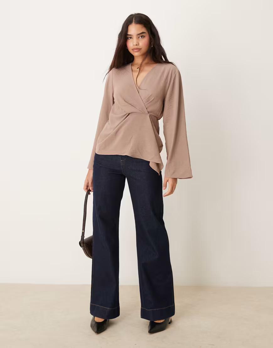 ASOS DESIGN long sleeve wrap detail top in taupe-Brown | ASOS (Global)